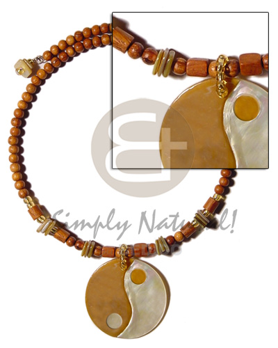 robles wood beads choker wire  shell accent & MOP round yin yang 40mm pendant - Teens Necklace
