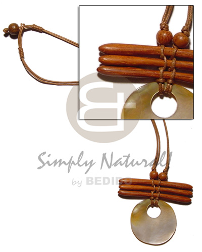 40mm MOP round shell pendant in wax cord  bayong wood accent - Teens Necklace