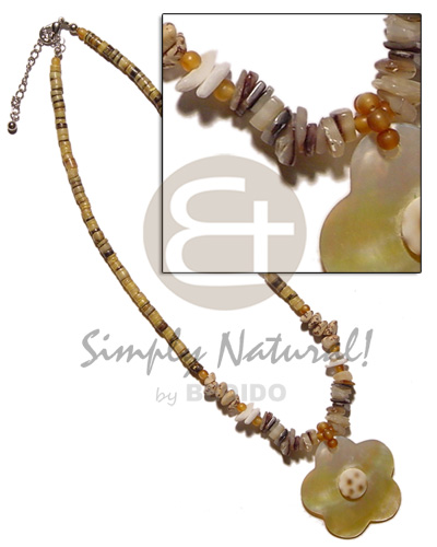 yellow hammershell heishe  buri seed, horn beads & sq, cut shell accent  40mm scallop MOP  cowrie shell nectar - Teens Necklace