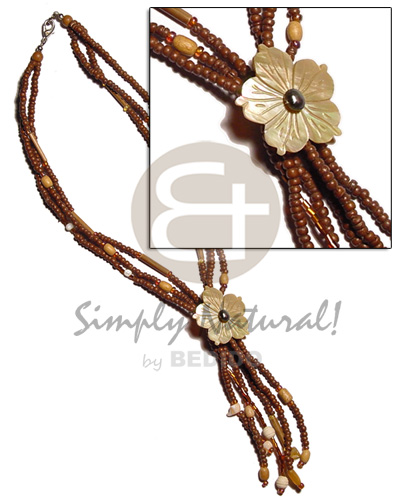 3 rows 2-3mm tassled nat. brown coco Pokalet., bamboo, wood bead, shell combination   40mm flower MOP - Teens Necklace