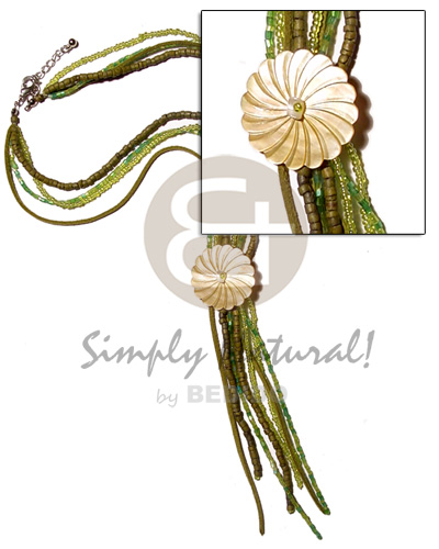 4 layer green tones tassled 2-3mm coco heishe & glass beads  35mm flower MOP accent - Teens Necklace