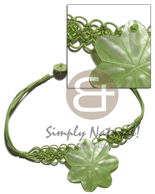 subdued green wax cord macrame choker  40mm hammershell flower - Teens Necklace