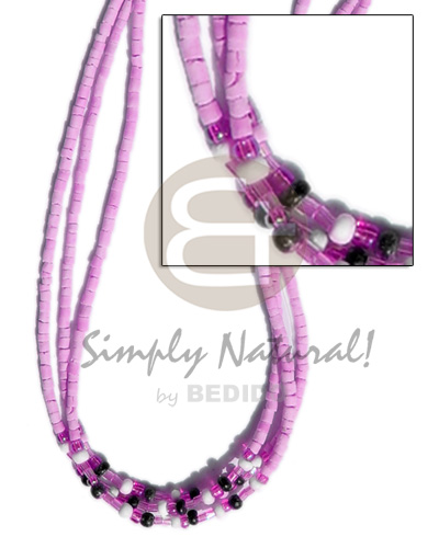 3 rows lilac coco heishe / glass beads / black & bleach pukalet combination - Teens Necklace