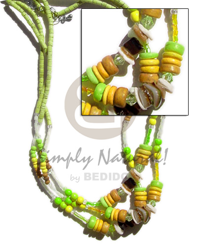 3 rows 2-3mm  lime green coco. heishe / 2-3mm & 7-8m coco Pokalet. / sq. cut brownlip  cut beads combination - Teens Necklace