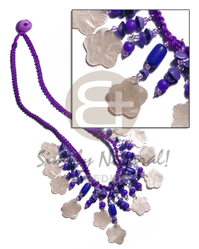 violet macrame  dangling 15mm nat. flower hammershells  buri seeds - Teens Necklace