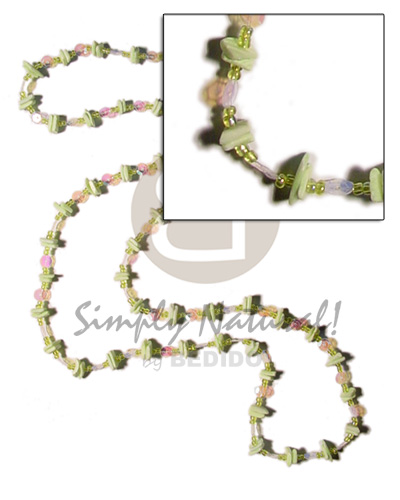 36 in. continuous mint green white rose   glass beads combination & rainbow sequins accent - Teens Necklace