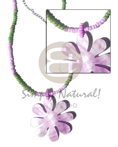 2-3mm green/lilac coco pokalet   40mm lilac hammershell flower - Teens Necklace