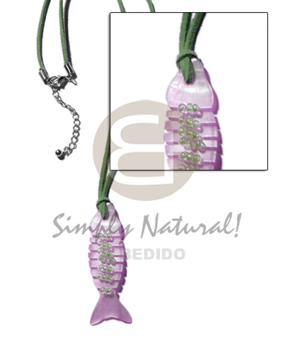 lilac fishbone hammershell  glass beads in olive green leather thong - Teens Necklace