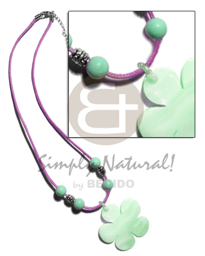 40mm pastel green kabibe flower shell on lilac wax cord - Teens Necklace