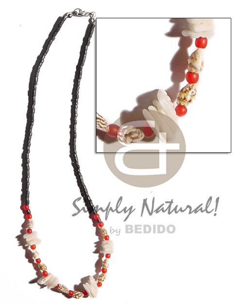 2-3mm coco heishe black  nassa tiger, white rose & red horn beads combination - Teens Necklace