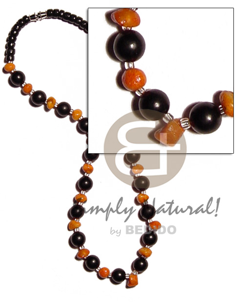 black round buri beads  red corals accent & 4-5mm coco Pokalet. combination - Teens Necklace