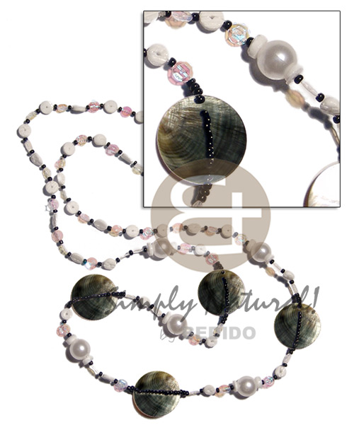 40 in. floating white/rainbow sequins/glass beads &pearl beads  4 pcs. 20mm round blacklip combination - Teens Necklace