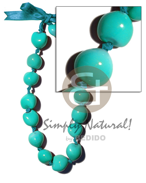 kukui nuts   / in graduated painting color bright aqua blue ( 16 pcs. ) / adjustable ribbon - Teens Necklace