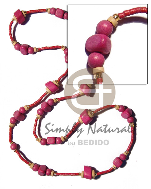 pink wood beads in 2-3mm red coco heishe neckline / 36 in - Teens Necklace
