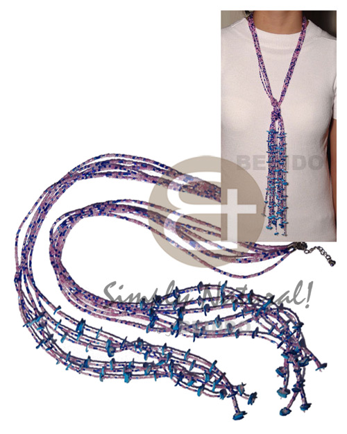 scarf necklace - 7 rows pink/purple cut glass beads  tassled white rose shell in blue / 46 in. - Teens Necklace
