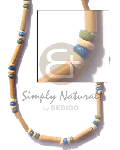 nat bamboo tube  4-5 pukalet / green/blue/nat. accent / white shell - Teens Necklace