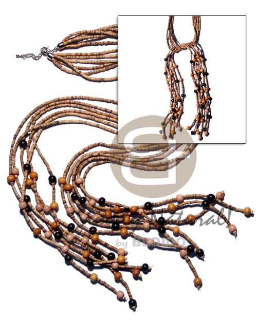 scarf necklace - 6 rows 2-3mm coco heishe tiger  8mm asstd. round wood beads accent / 44 in. - Teens Necklace
