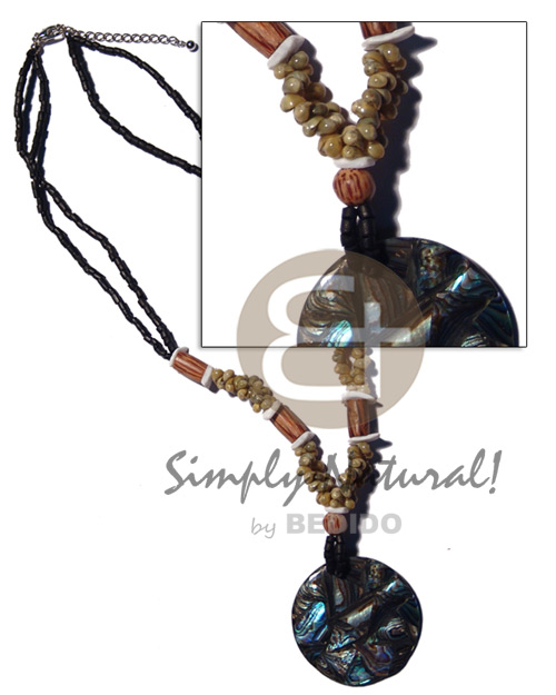 40mm  laminated paua chips in round resin  2 rows 2-3mm black coco heishe/mongo shell & palmwood combination - Teens Necklace
