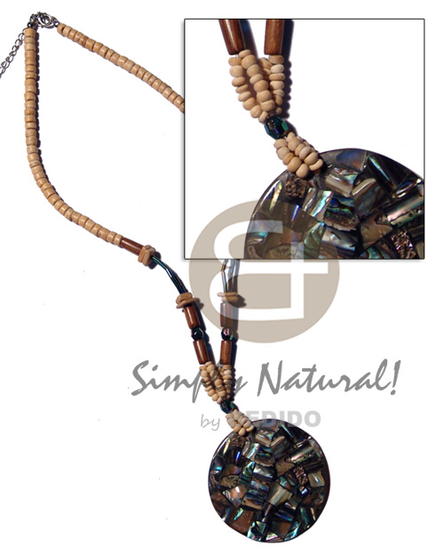 50mm laminated paua chips in resin  4-5mm coco Pokalet nat./cut beads and wood beads combination - Teens Necklace