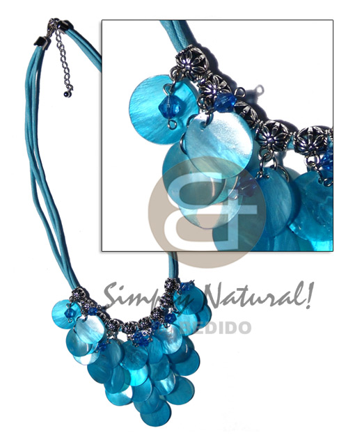 cleopatra- dangling 18mm ( 25pcs.) bright blue hammershell  metal & acrylic crystals accentaccent in triple bright blue  wax cord - Teens Necklace