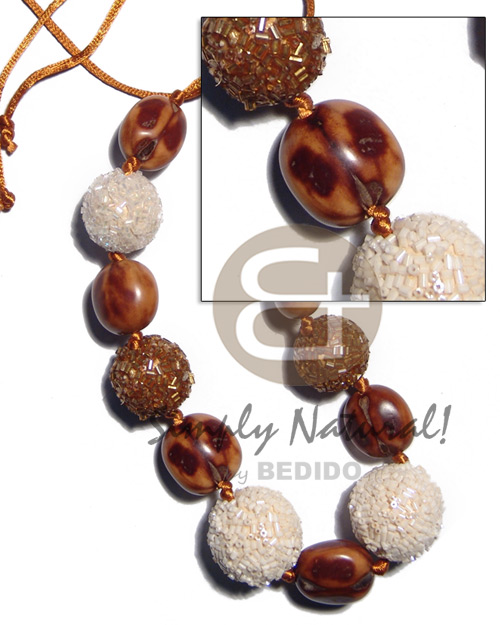 20mm/25mm round wrapped wood beads in cut glass combination in golden satin cord / 36in adjustable - Teens Necklace