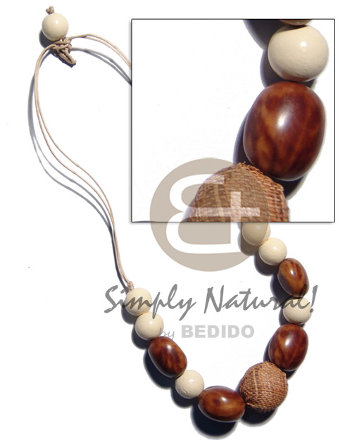 15mm buffed white wood beads  rubber seed and 20mm wrapped in abaca wood beads combination in double wax cord / 28 in - Teens Necklace
