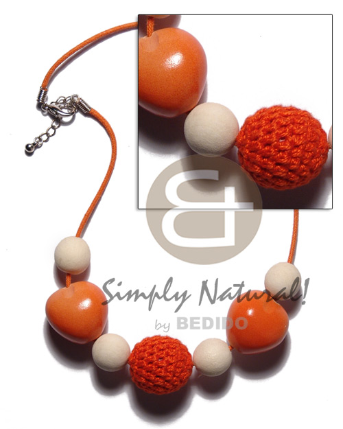 20mm round orange crochet wood beads, orange kukui nuts and wood beads combination in orange wax cord - Teens Necklace