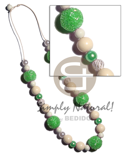 20mm wrapped wood beads in lime green cut glass beads  15mm /10mm buffed bleached wood beads , pearl combination in wax cord / 28 in - Teens Necklace