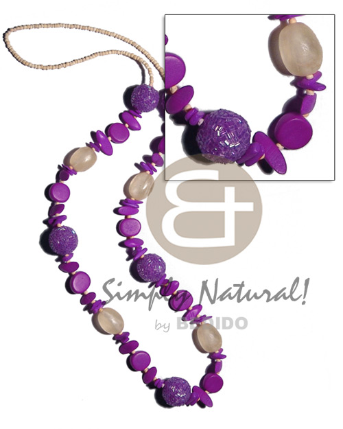 2-3mm bleach coco Pokalet 25mm wrapped wood beads in cut glass beads  resin, asstd. wood beads combination in lavender tones / 38 in - Teens Necklace