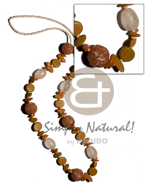 2-3mm bleach coco Pokalet 25mm wrapped wood beads in cut glass beads  resin, asstd. wood beads combination in golden tones / 38 in - Teens Necklace