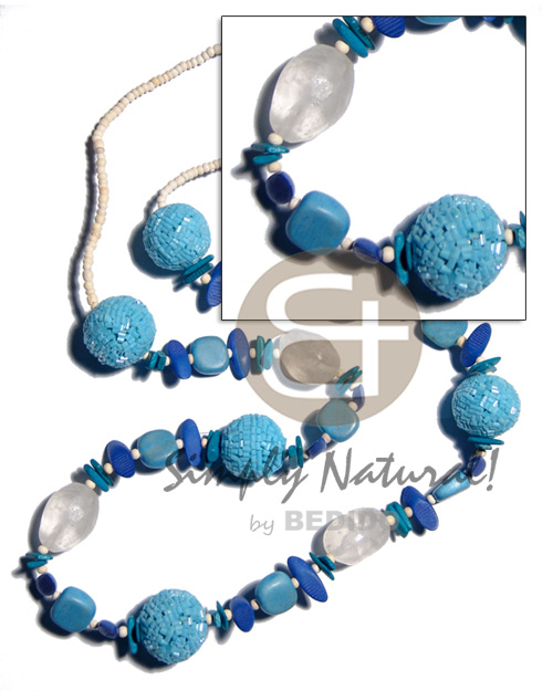 2-3mm bleach coco Pokalet 25mm wrapped wood beads in cut glass beads  resin, asstd. wood beads combination in blue tones / 38 in - Teens Necklace