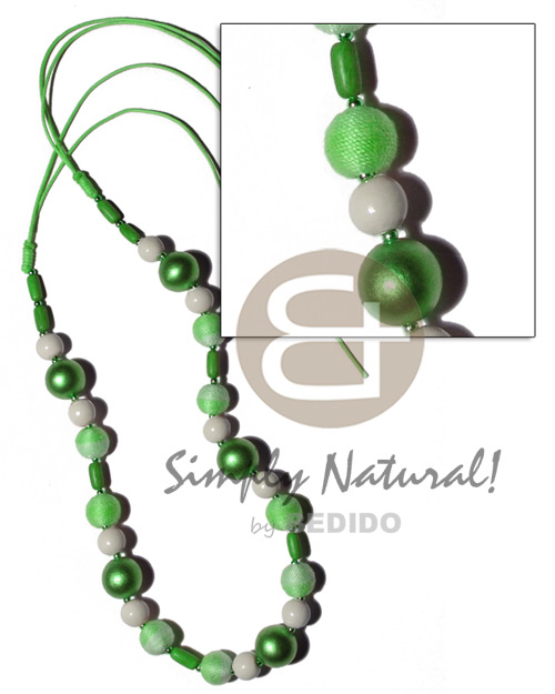 12mm wrapped wood beads w 15mm  round, 10mm buffed bleached and ricebeads wood beads combination in double  golden wax cord/ green tones / 36 in adjustable - Teens Necklace