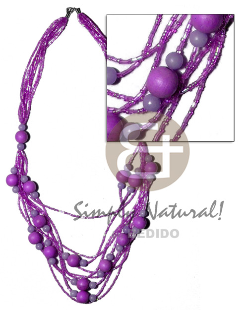 5 rows  graduated multilayered  cut glass beads   buri seeds and wood beads accent/lilac tones / 32 in - Teens Necklace