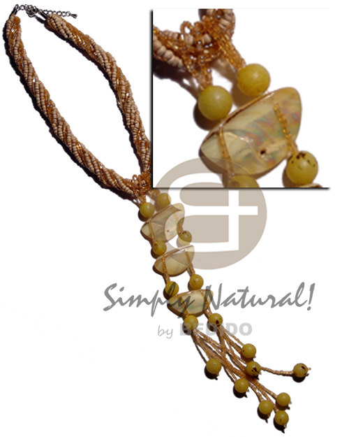 8 rows - twisted glass beads/2-3mm coco Pokalet nat. white  dangling shell , buri seeds, glass beads tassles - Teens Necklace