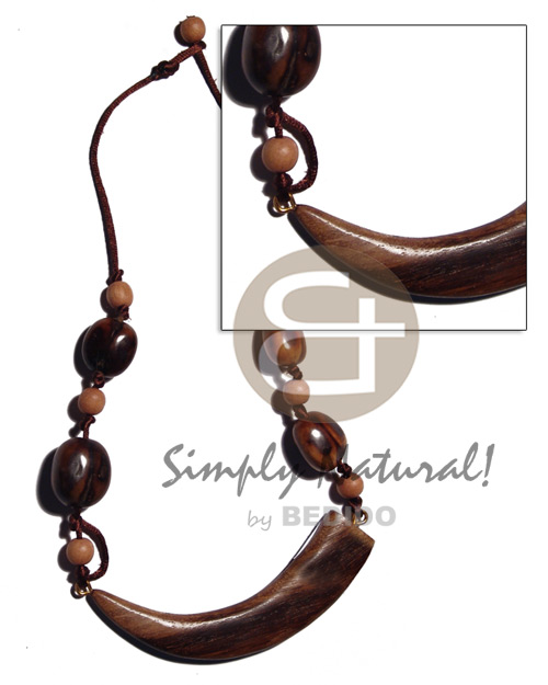 23mmx110mm robles wood tusk  rubber seed & wood beads in wax cord - Teens Necklace