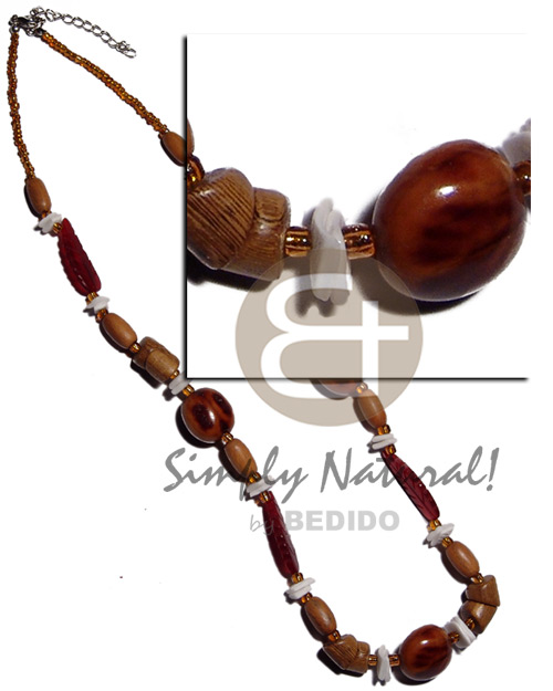 rubber seeds  red horn leaves, robles , dyed nat. wood capsule , white rose shell & glass beads combination / 22 in. - Teens Necklace