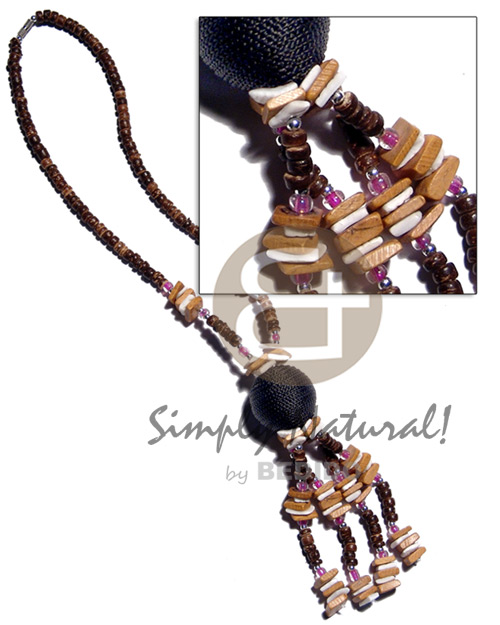 tassled 4-5mm coco Pokalet  coco sq. cut natural,white rose combination and  25mm wrapped wood beads - Teens Necklace