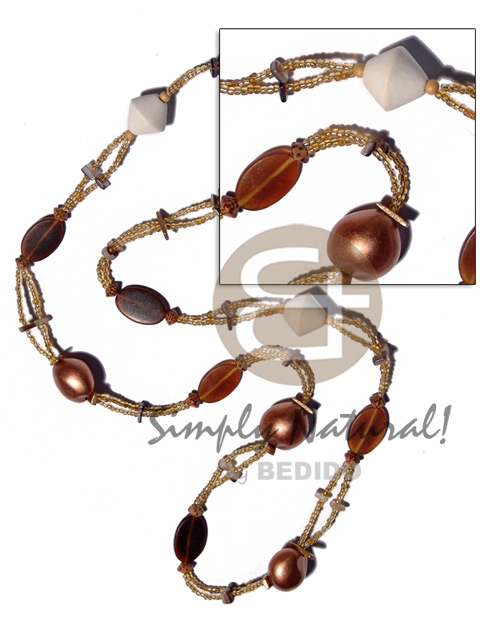 2 layers golden glass beads  flat oval amber horns, bronze kukui nuts, hammershell sq. cut nat. white wood and palmwood beads combination / 36 in. - Teens Necklace