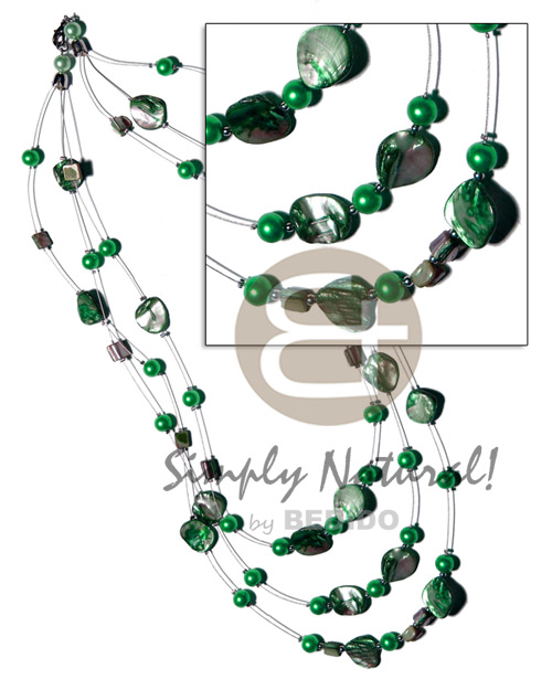 floating green kabibe shell nuggets in 3 graduated rows of magic wire  28" / 24" / 22"   pearl beads accent - Teens Necklace