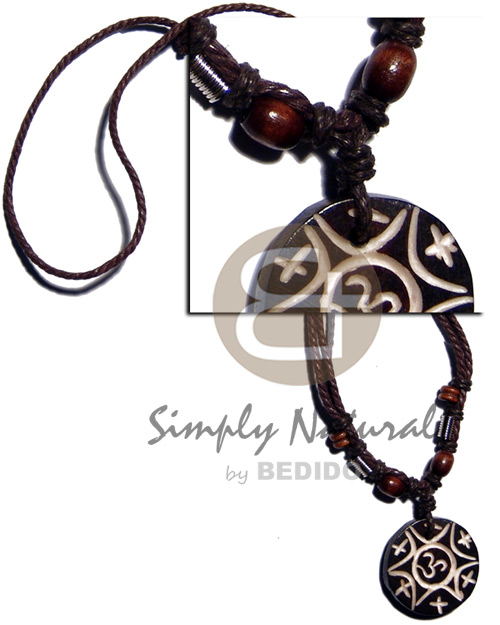 tribal carved 30mm round wooden  pendant  coco Pokalet/wood beads accent in double wax cord / 23in. - Teens Necklace