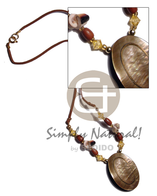 wax cord  shell & wood beads accent and 40mmx25mm oval  brownlip pendant  inlaid metal ring and resin backing - Teens Necklace