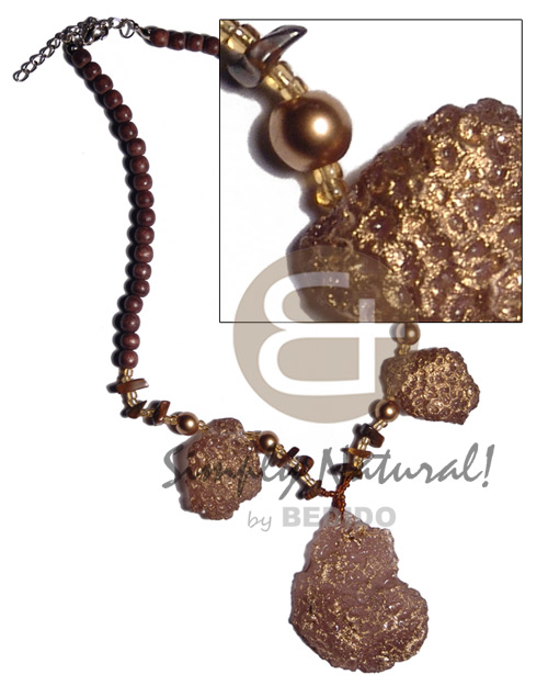 brown nat. wood beads   55mmx42mm / 32mmx25mm resin nugget pendants  gold metallic dust & shell chips accent - Teens Necklace