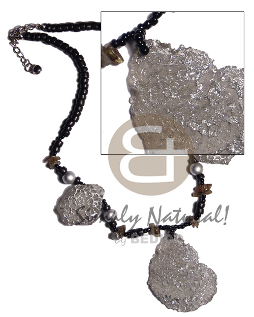 black 4-5mm coco Pokalet   55mmx42mm / 32mmx25mm resin nugget pendants  silver metallic dust & shell chips accent - Teens Necklace