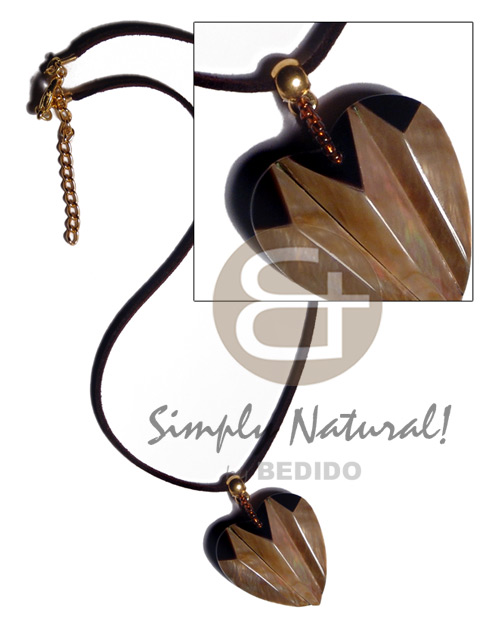 36mmx32mm laminated brownlip/blacktab combination accordion heart pendant  resin backing in leather thong - Teens Necklace