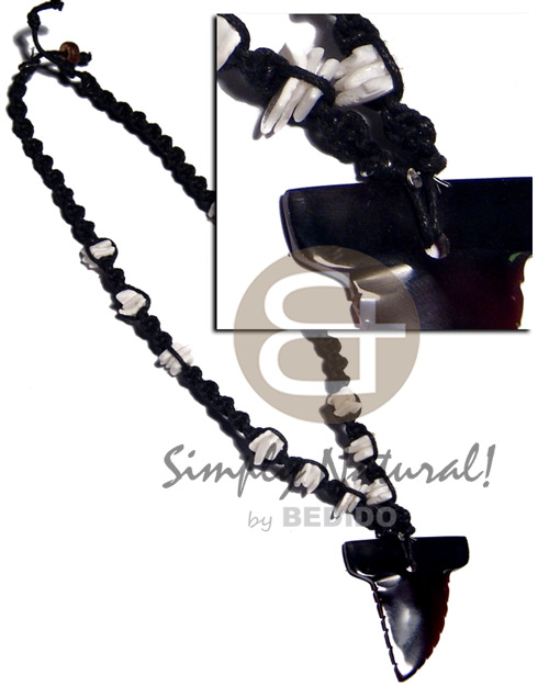 35mmx40mm blacktab shell fang pendant in black macrame  white rose shell accent - Teens Necklace
