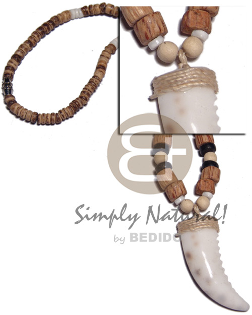 50mmx15mm cowrie shell fang pendant in 4-5mm coco Pokalet tiger.white clam and wood beads combination - Teens Necklace