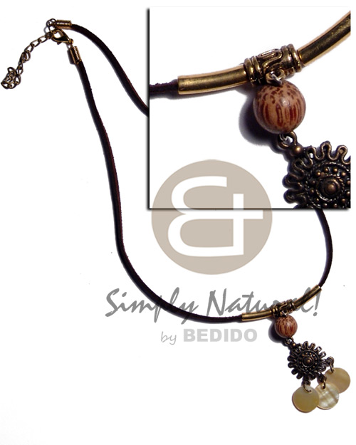 dangling 12mm MOP in leather thong  wood beads accent - Teens Necklace
