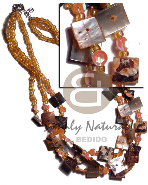 3 rows orange hammershell 12mm chips  skin and glass beads combination - Teens Necklace