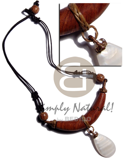 75mmx15mm bayong wood pendant  dangling teardrop 35mmx20mm kabibe shell  in double wax cord  wood beads accent - Teens Necklace