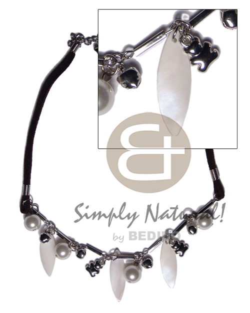 dangling 30mmx10mm kabibe shells  metal, pearl beads and double layer leather thong combination - Teens Necklace